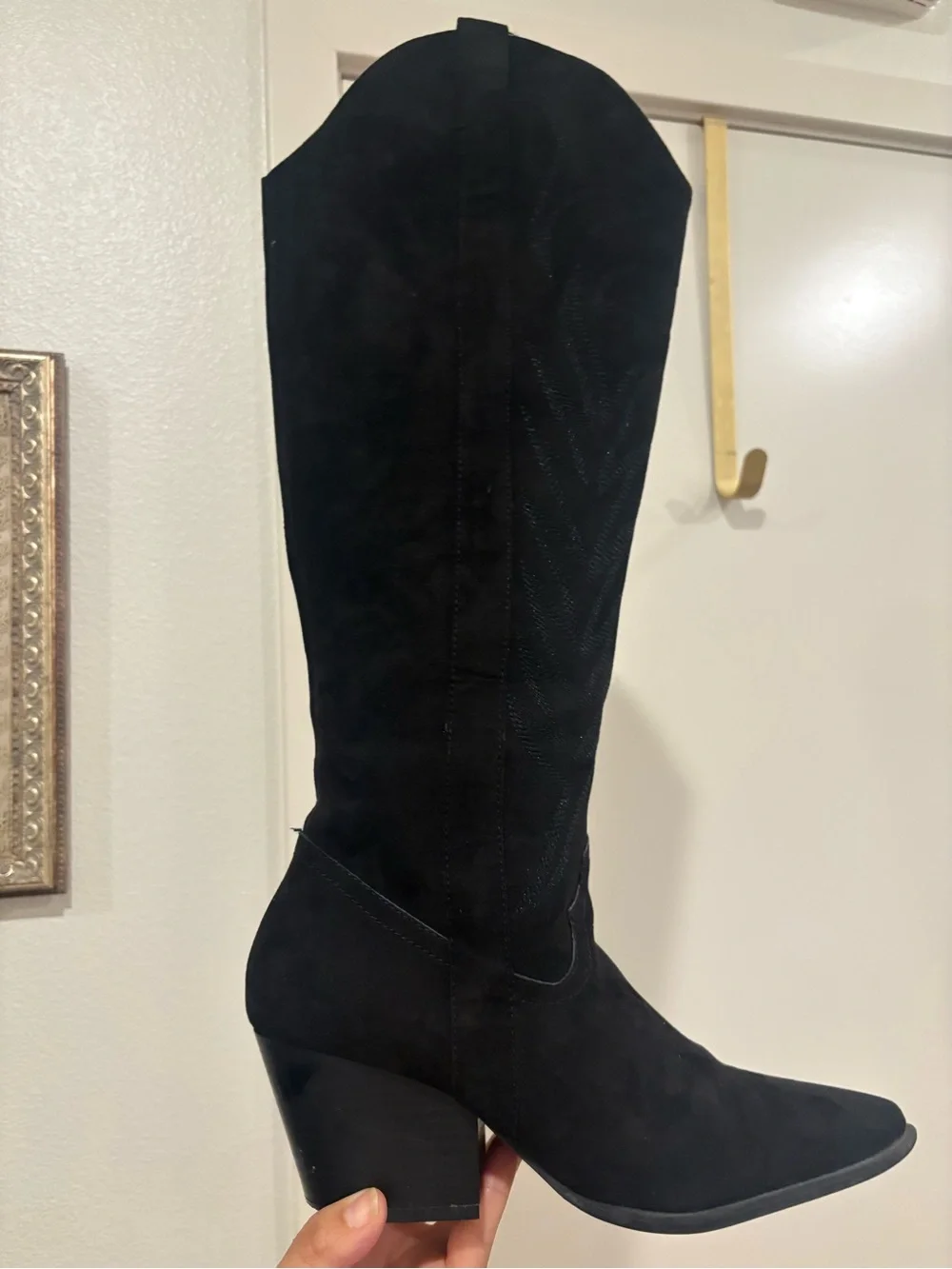 Suede Black Knee-High Pointed Toe Women's Boots